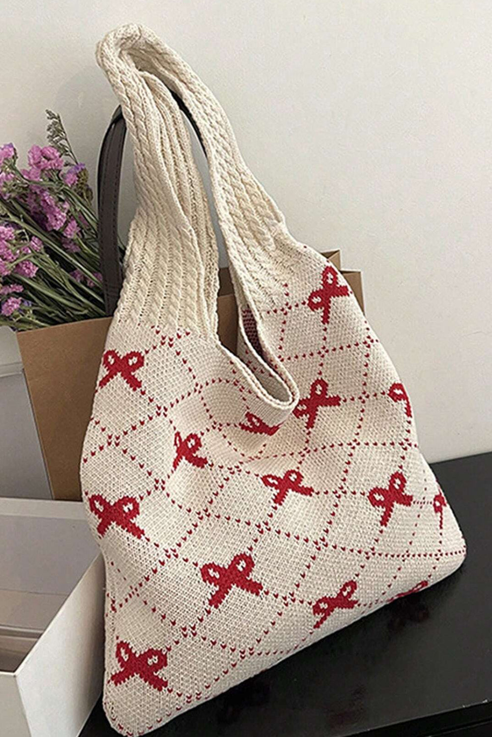 Fiery Red Bow Argyle Pattern Cable Knit Tote Bag