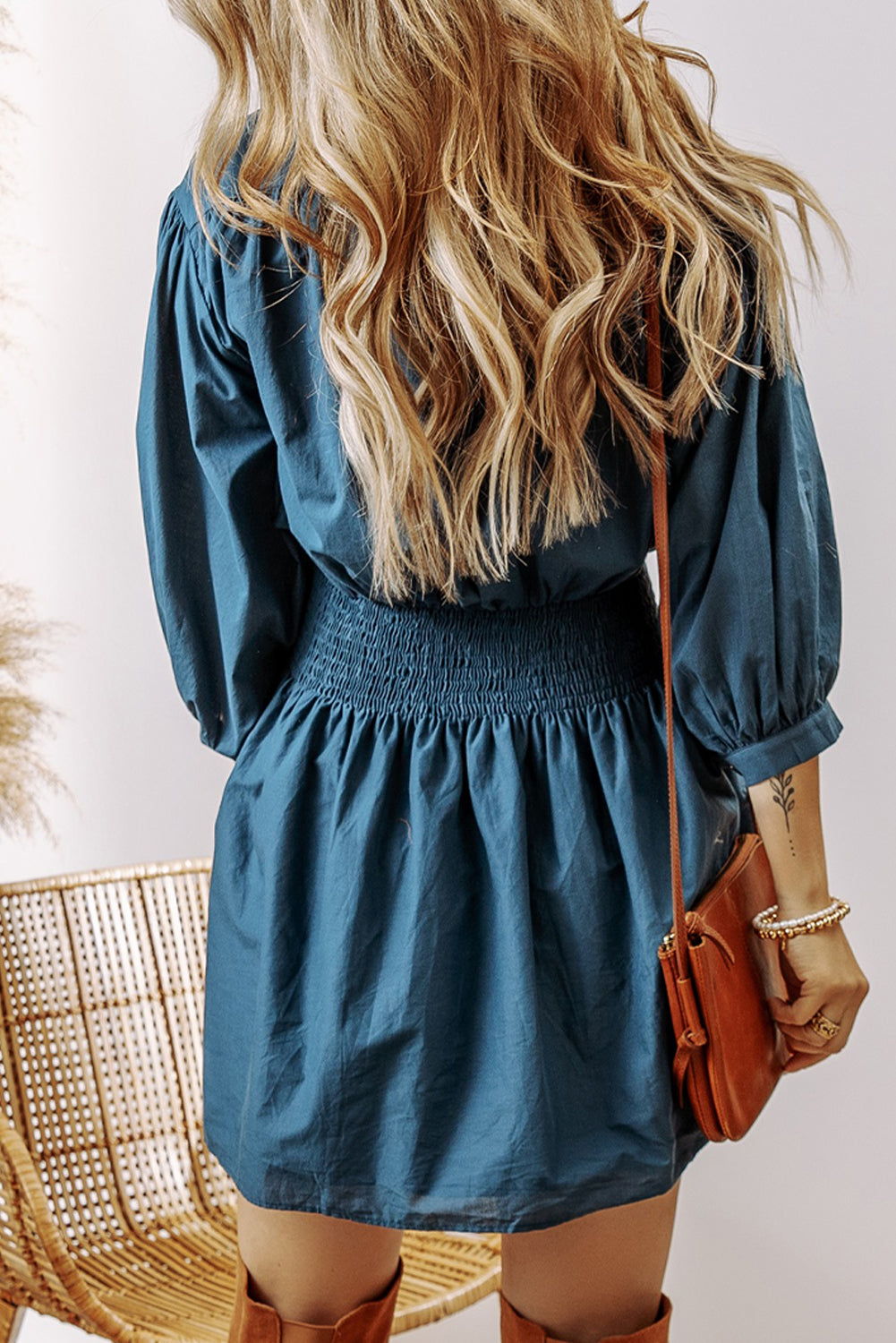 Prussian Blue 3/4 Sleeve Shirred High Waist Buttoned Mini Dress