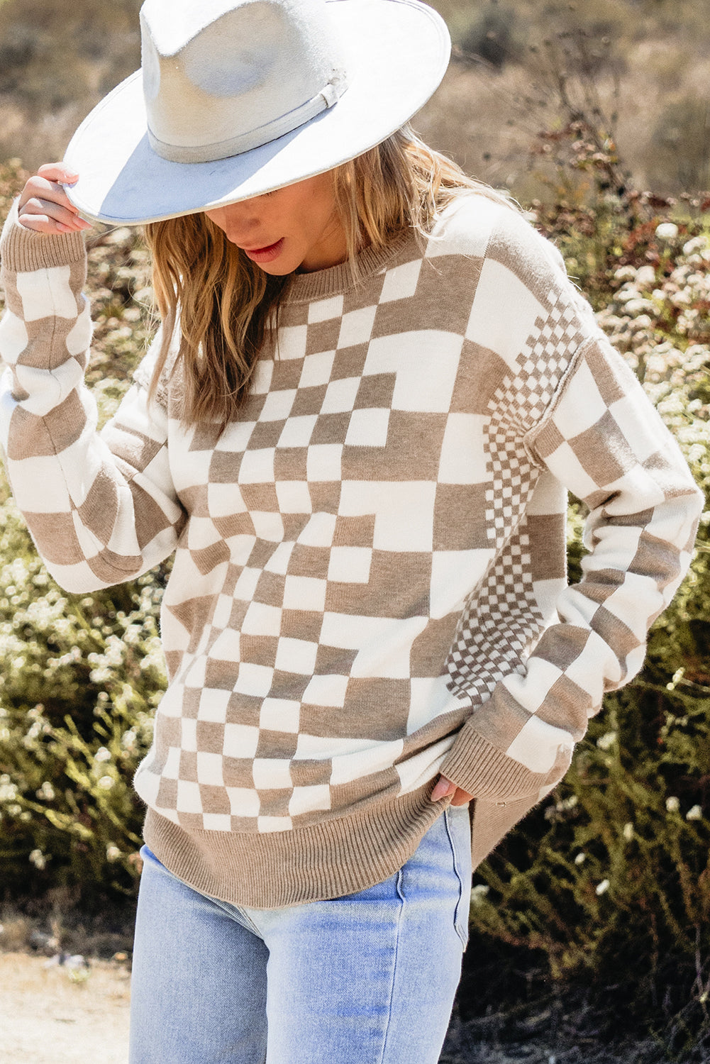 Black Checkered Drop Shoulder Round Neck Sweater