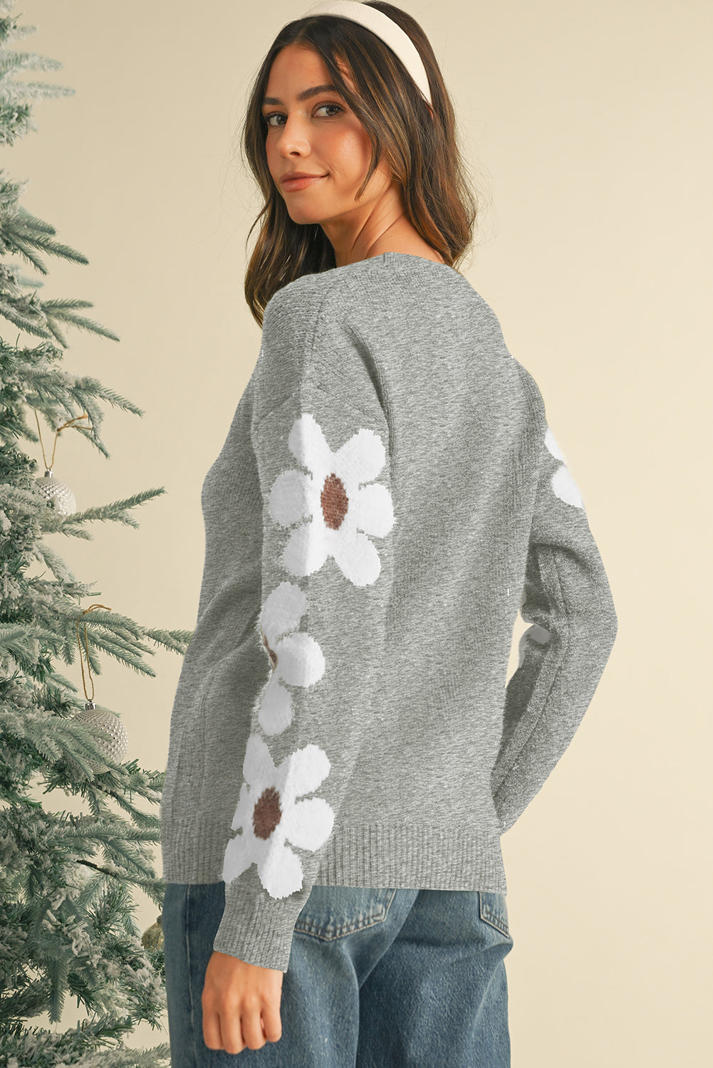 Light Grey Flower Sleeve Drop Shoulder Sweater