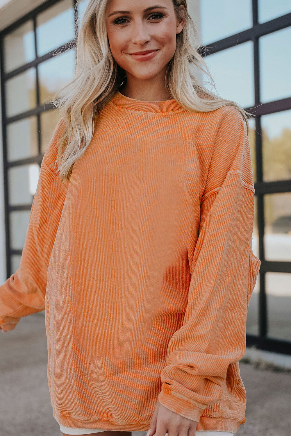 Apricot Drop Shoulder Crinkle Rib Oversized Sweatshirt