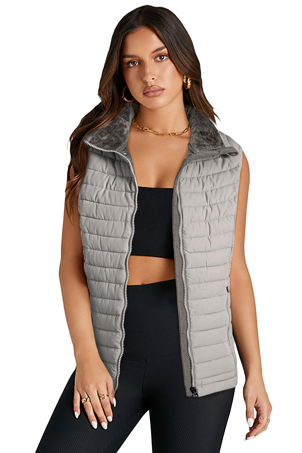 Burgundy Plush Collared Quilted Zipped Puffer Vest