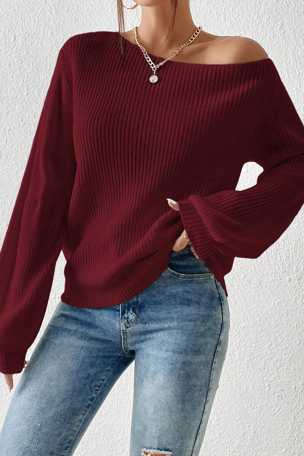 Burgundy Solid Color Of Shoulder Long Sleeve Sweater