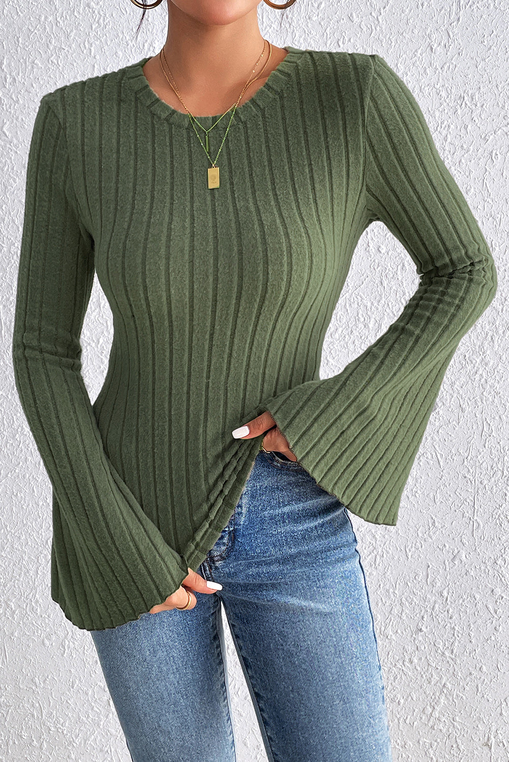 Vineyard Green Plain Ribbed Bell Sleeve Top