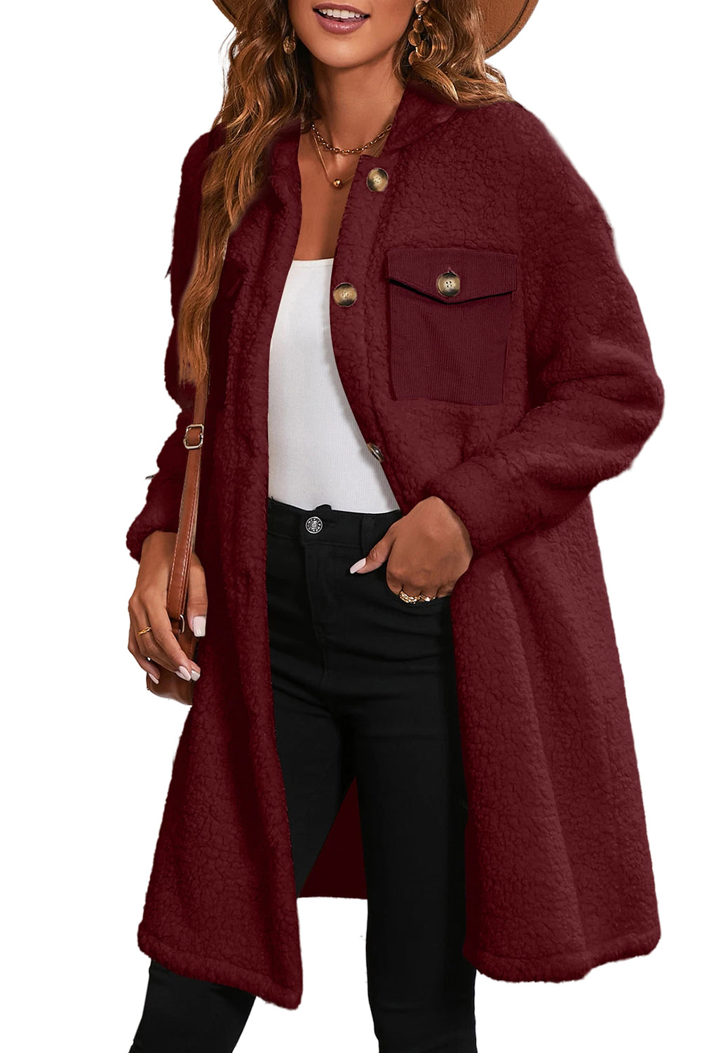 Racing Red Contrast Flap Pocket Single Breasted Teddy Coat