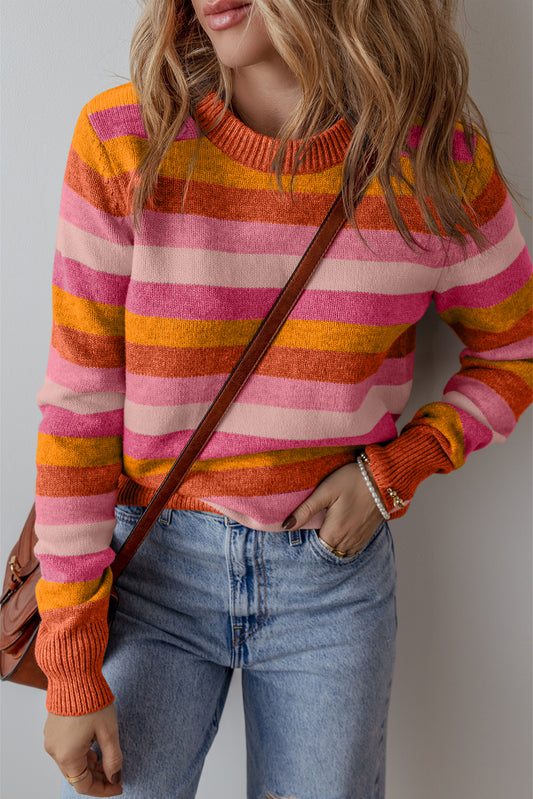 Gray Striped Ribbed Edge Round Neck Sweater