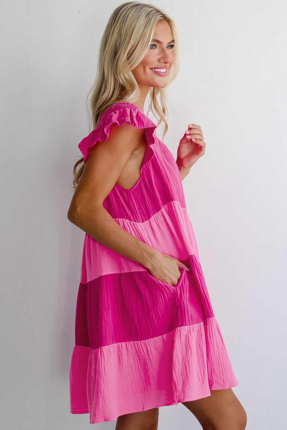 Pink Crinkled Colorblock Patchwork Tiered Mini Dress