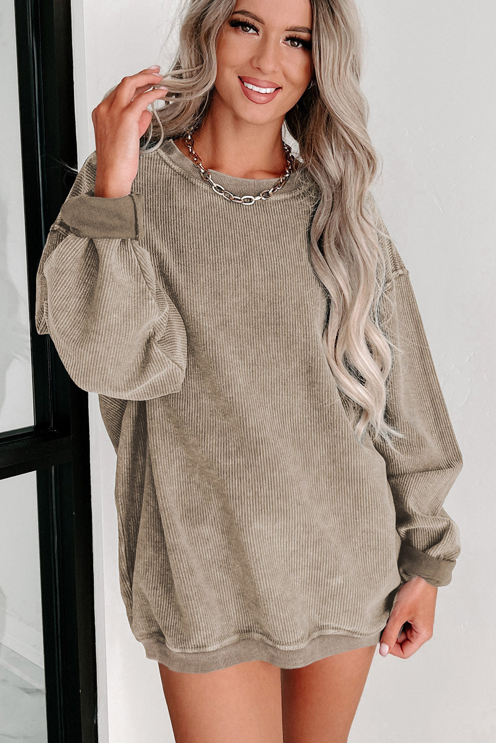 Green Ribbed Round Neck Drop Sleeve Pullover Sweatshirt