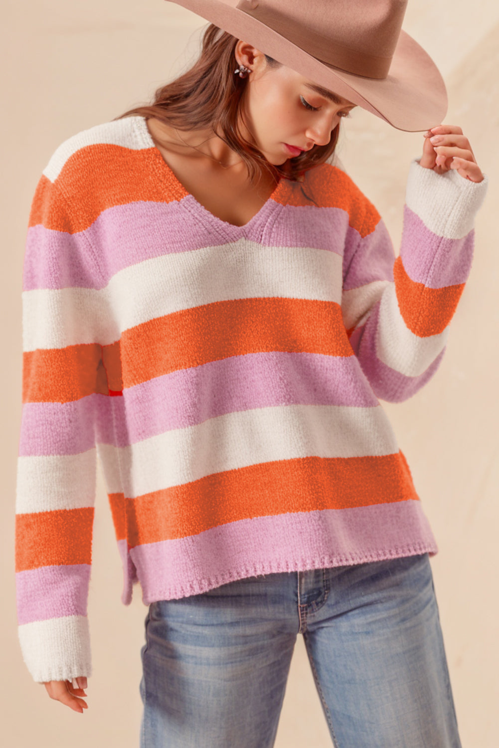 Orange Casual Stripe V Neck Side Slit Sweater