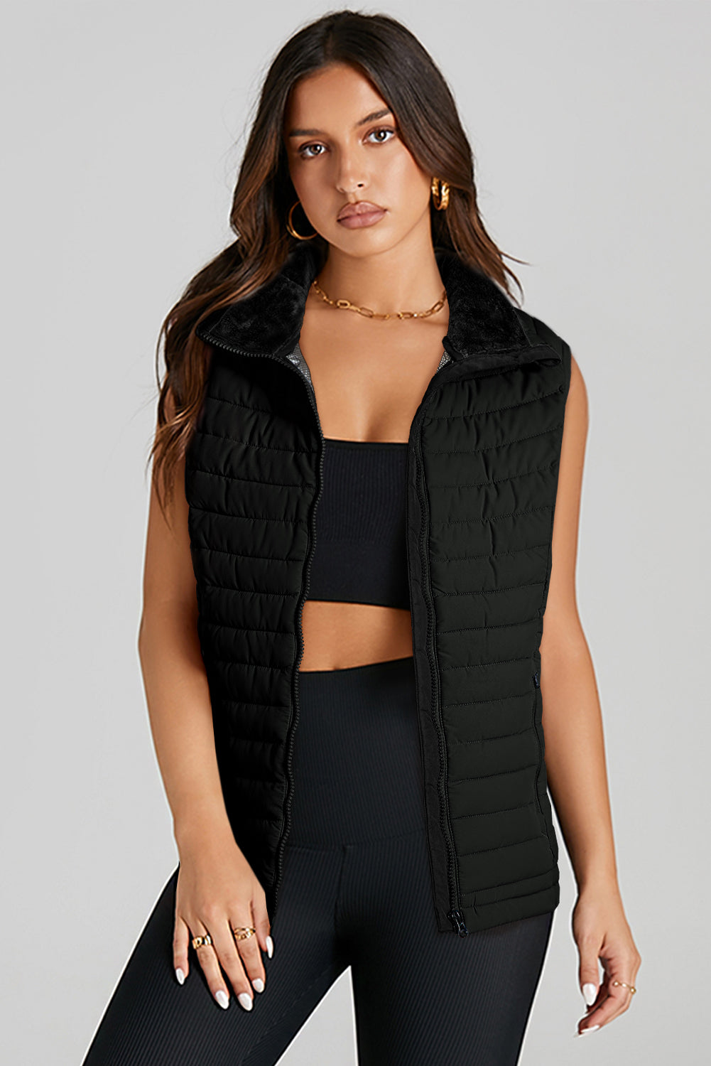 Burgundy Plush Collared Quilted Zipped Puffer Vest