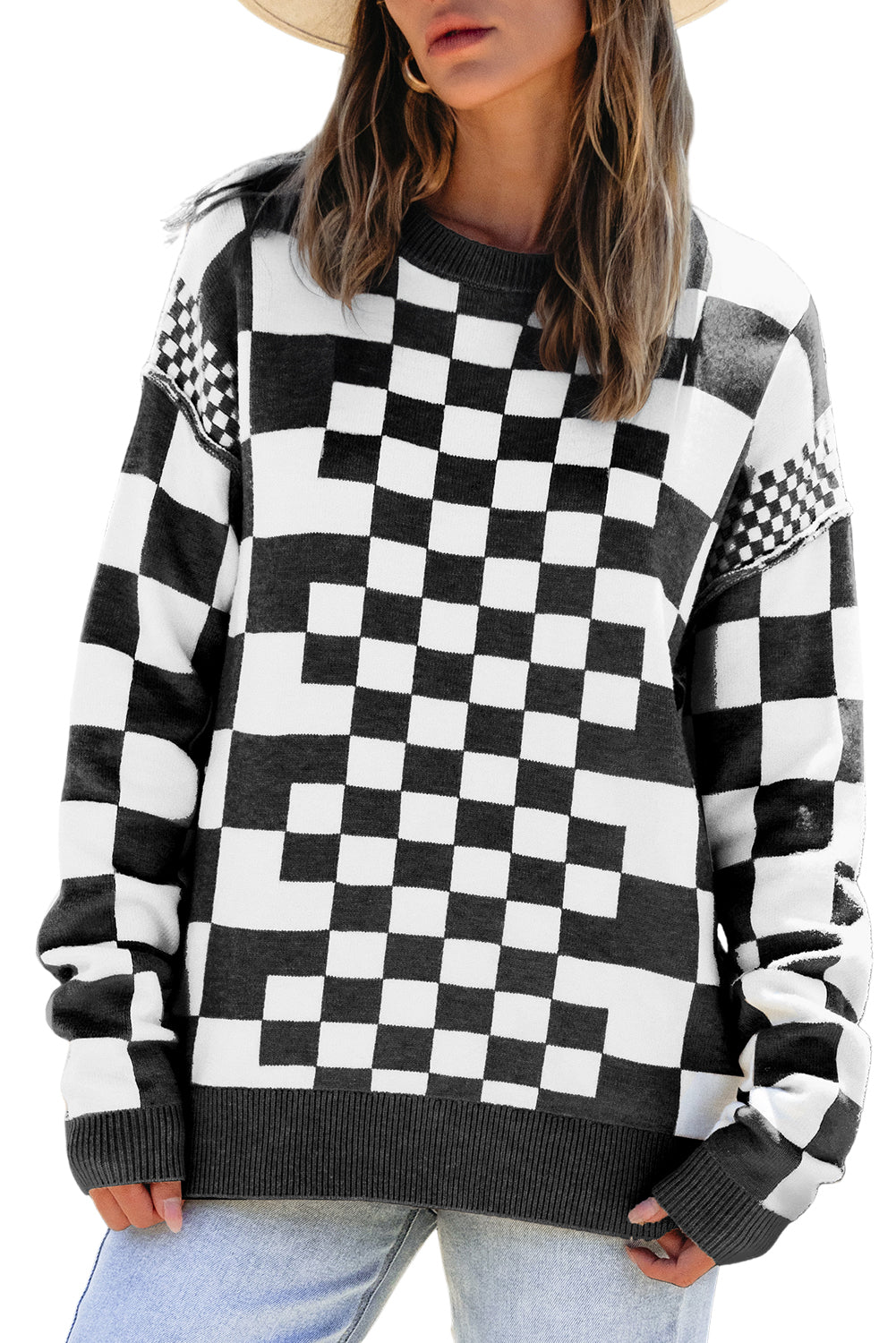 Black Checkered Drop Shoulder Round Neck Sweater