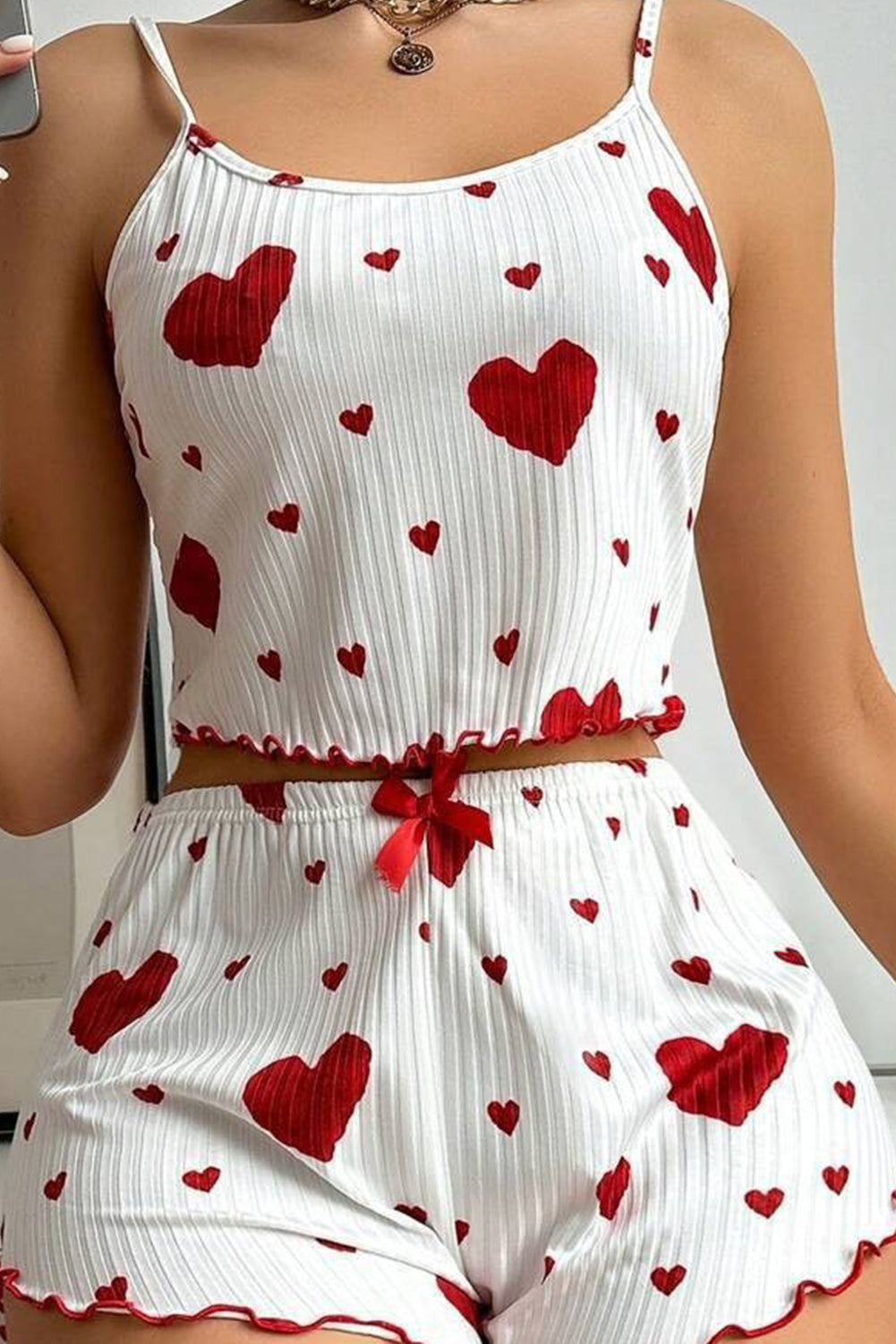 White Valentines Heart Print Spaghetti Cami and Shorts Pajama Set