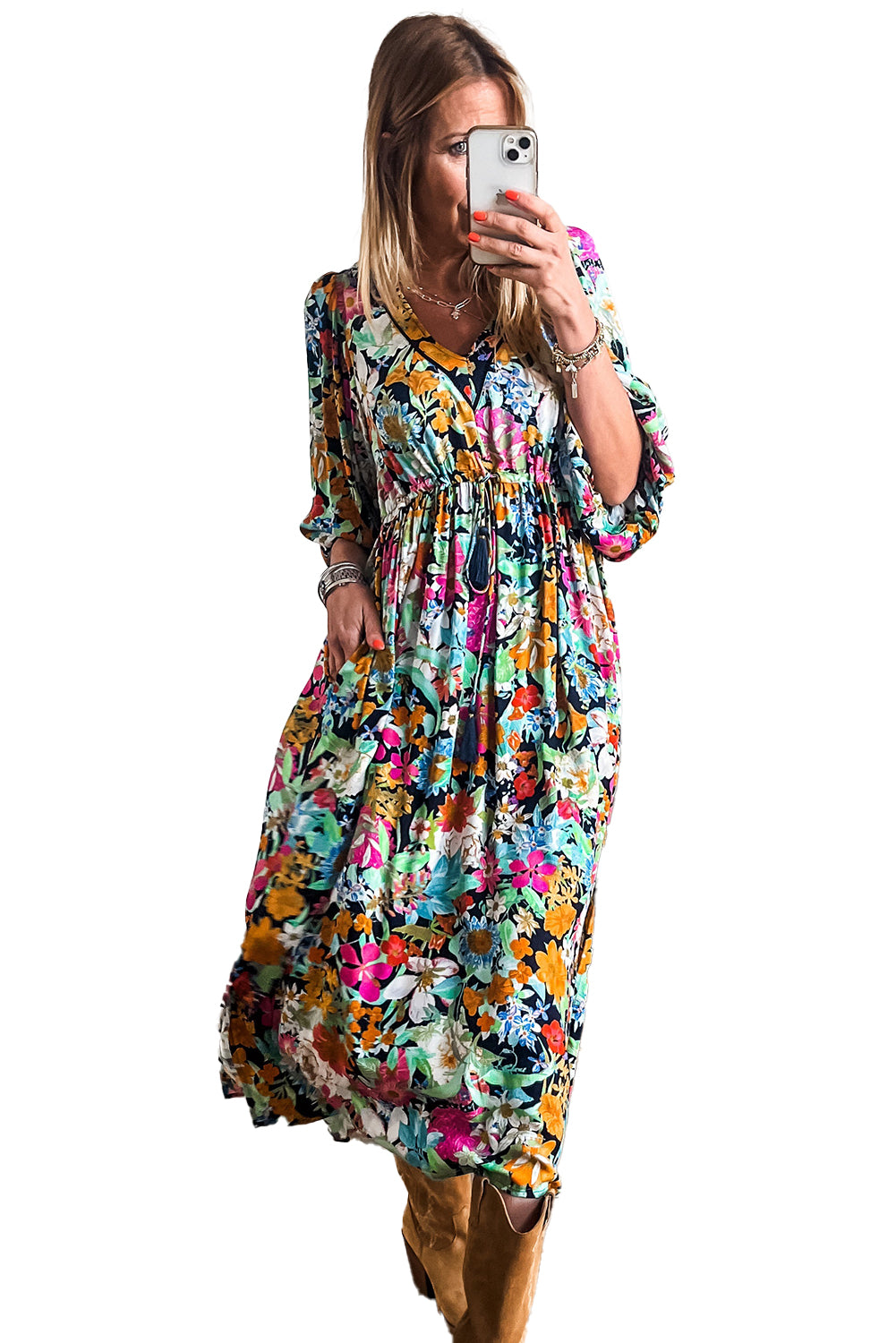 Green Boho Floral Puff Sleeve V Neck Tassel Drawstring Midi Dress