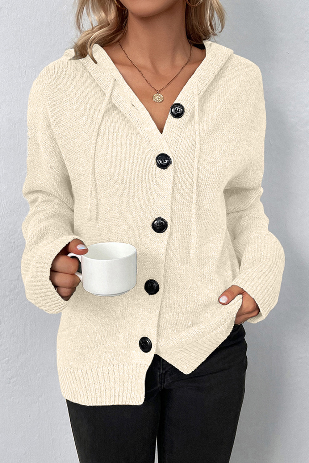 White Hooded Button Up Drop Shoulder Sweater Cardigan