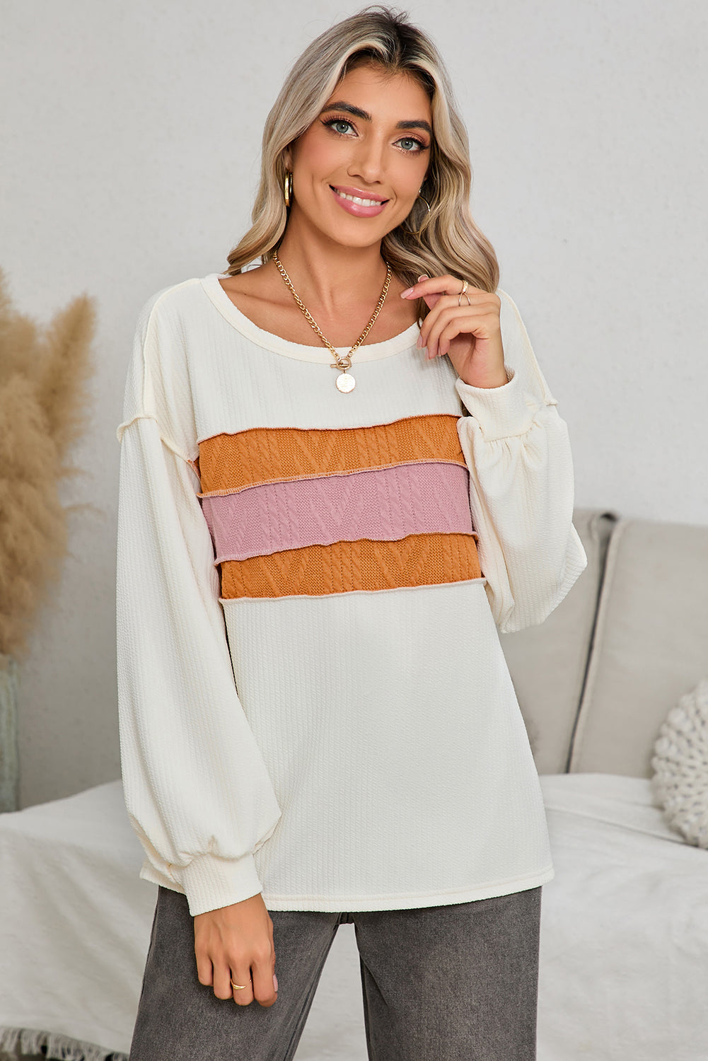 White Corded Exposed Seam Patchwork Drop Sleeve Top