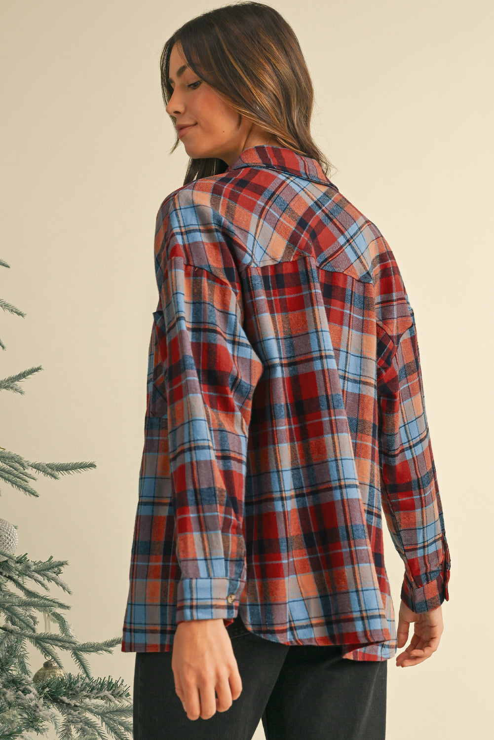 Red Plaid Print Drop Sleeve Loose Shirt