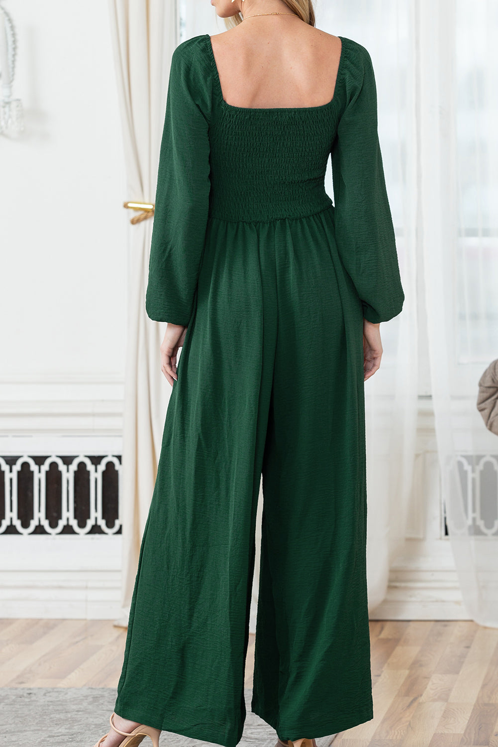 Green Smocked Square Neck Long Sleeve Wide Leg Jumpsuit