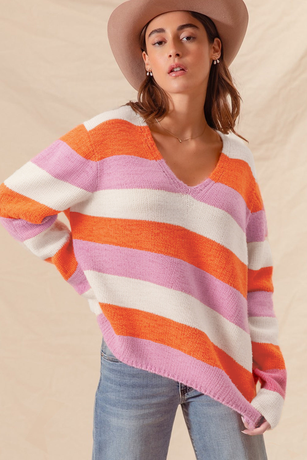 Orange Casual Stripe V Neck Side Slit Sweater