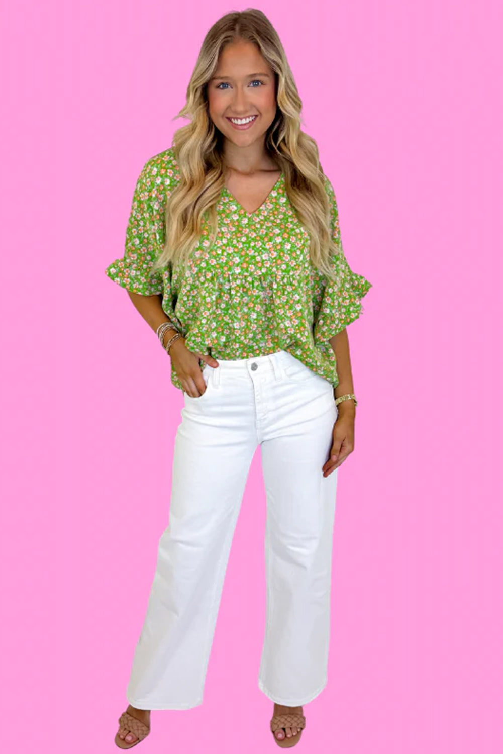 Green Floral Print Ruffle Sleeve V Neck Pleated Blouse