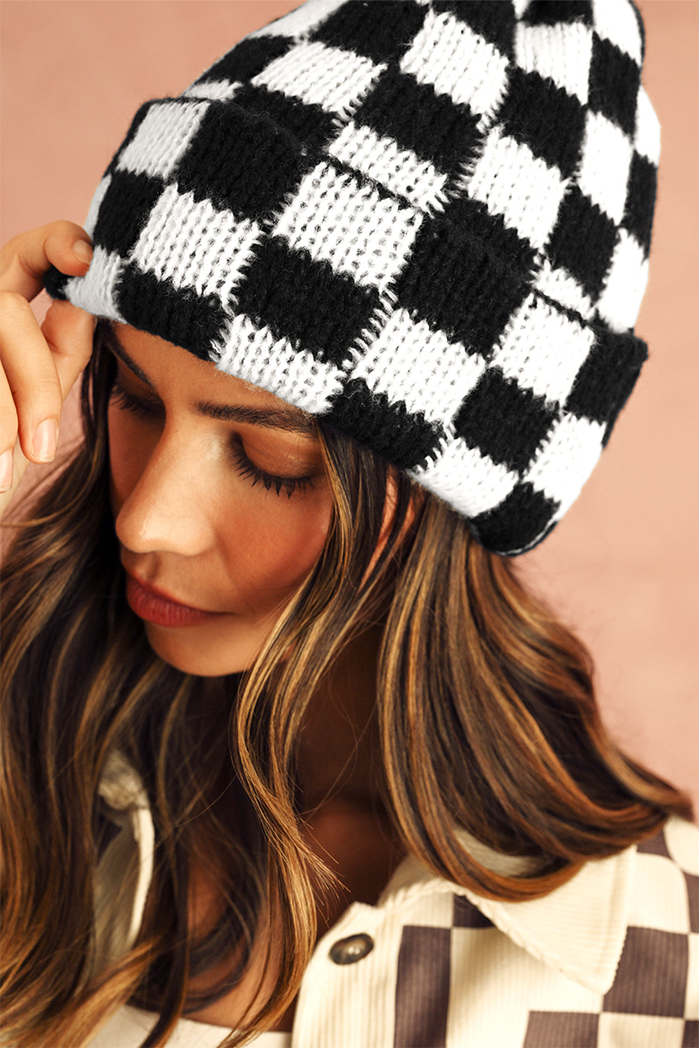 Racing Red Two Tone Checkered Folded Eaveless Beanie Cap