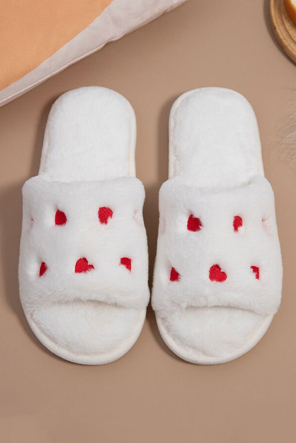 White Valentines Heart Pattern Open Toe Soft Fluffy Slippers