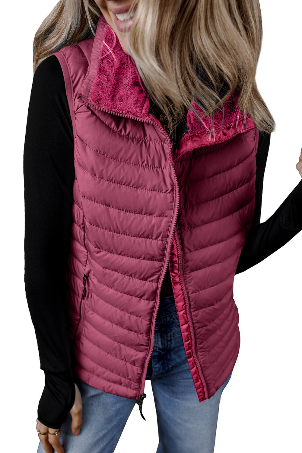 Burgundy Plush Collared Quilted Zipped Puffer Vest