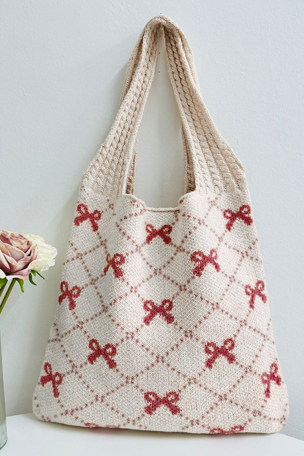 Fiery Red Bow Argyle Pattern Cable Knit Tote Bag