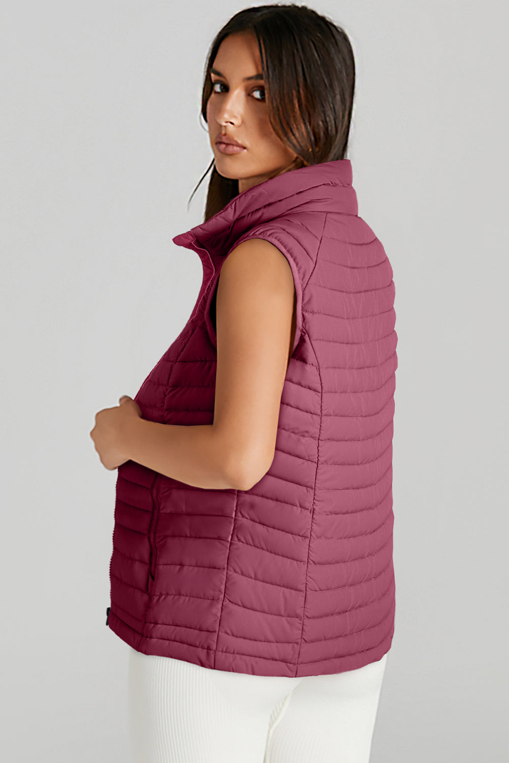 Burgundy Plush Collared Quilted Zipped Puffer Vest