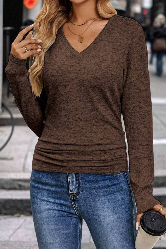 Coffee V Neck Casual Long Sleeve Top