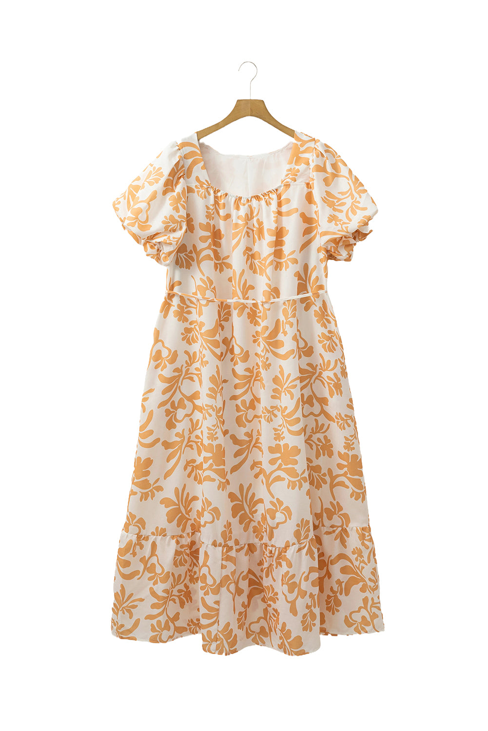 Apricot Floral Print Puff Short Sleeve Plus Size Maxi Dress