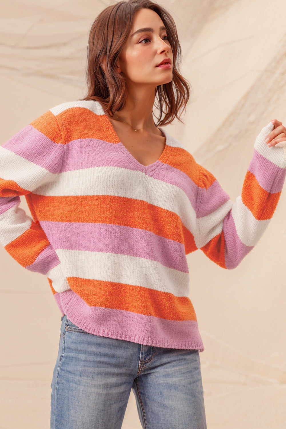 Orange Casual Stripe V Neck Side Slit Sweater