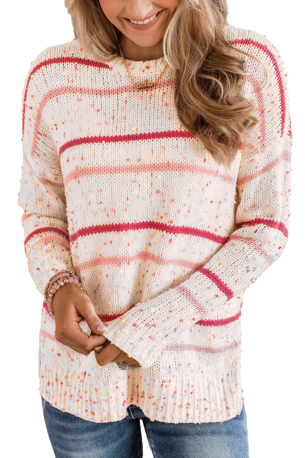 Pink Striped Confetti Drop Sleeve Knit Sweater