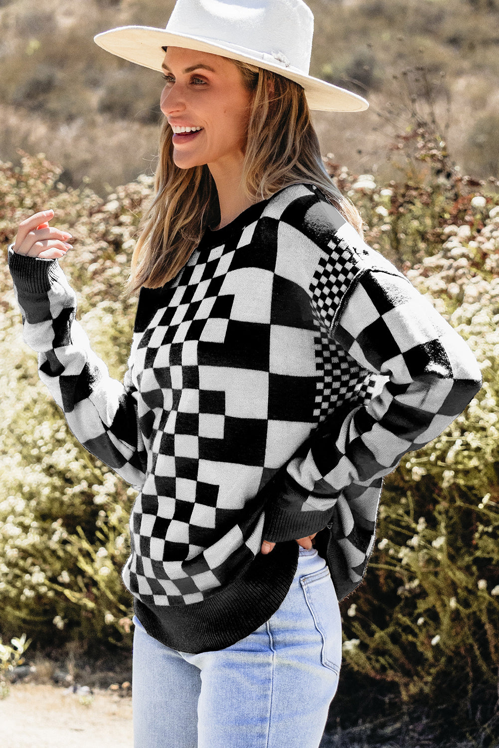 Black Checkered Drop Shoulder Round Neck Sweater