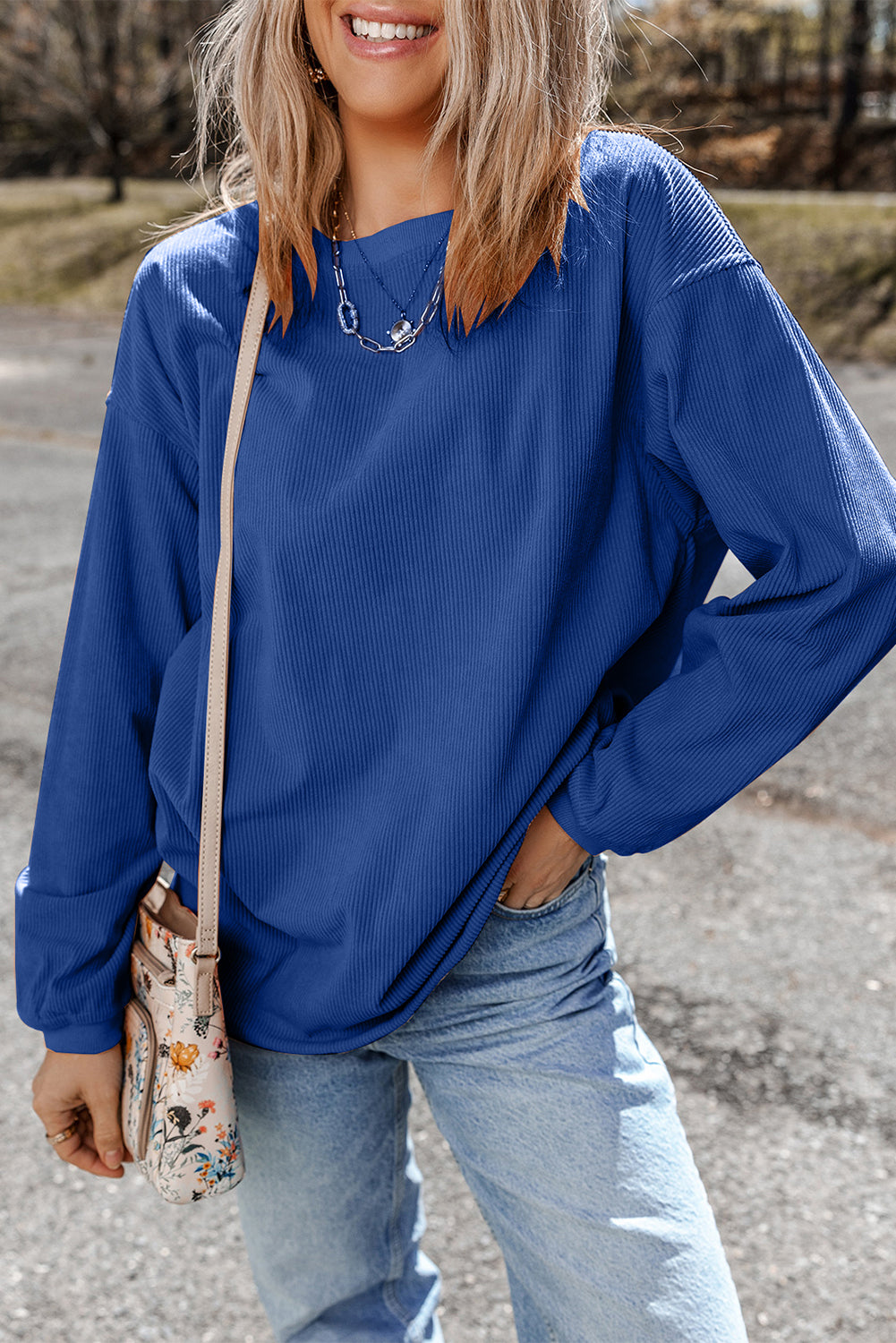 Apricot Drop Shoulder Crinkle Rib Oversized Sweatshirt