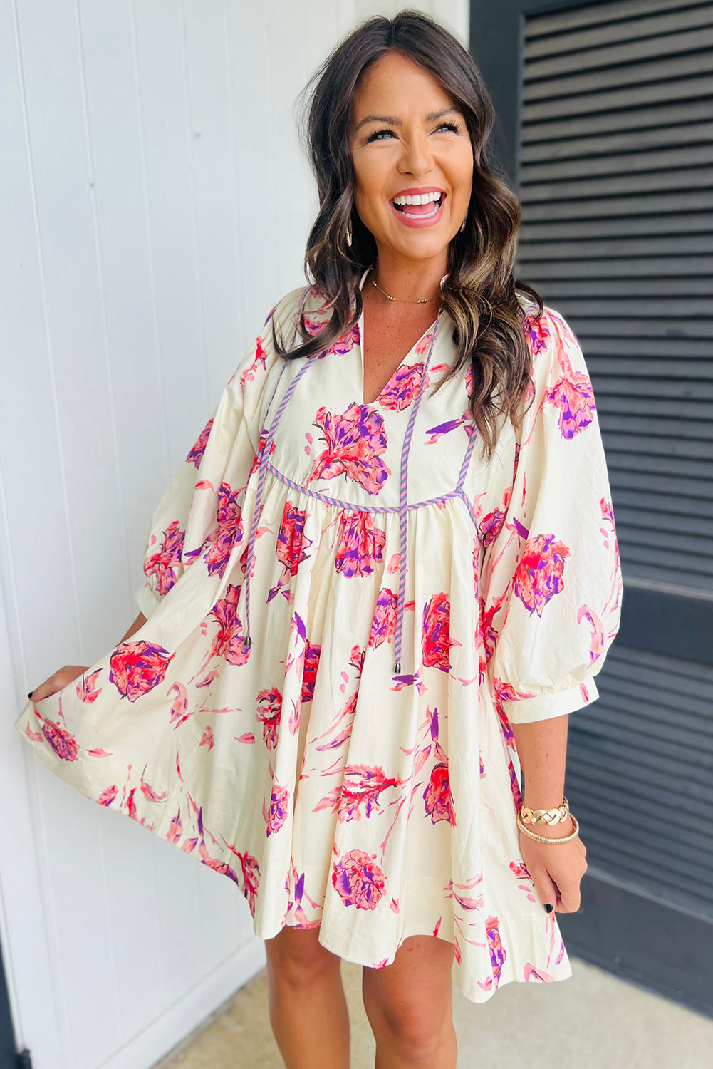 Pink Floral Print Balloon Sleeve V Neck Mini Dress