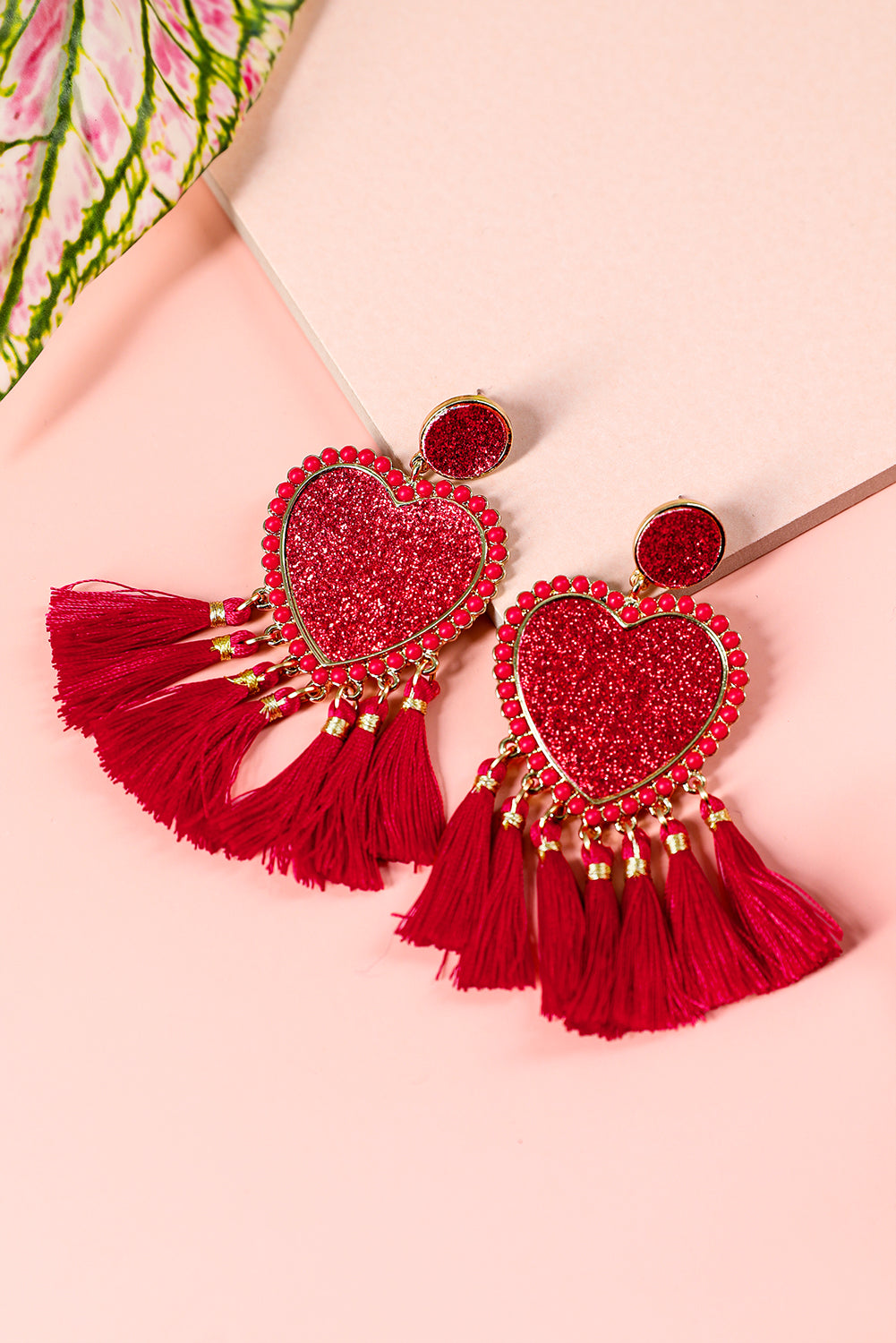 Racing Red Glitter Heart Tassel Valentines Earrings