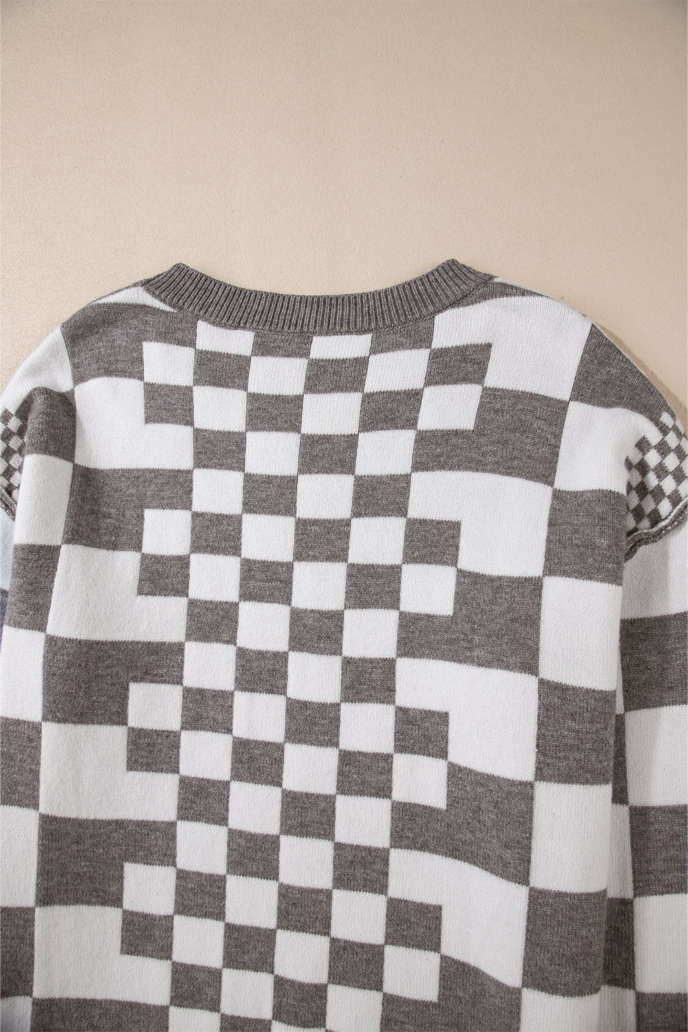 Black Checkered Drop Shoulder Round Neck Sweater