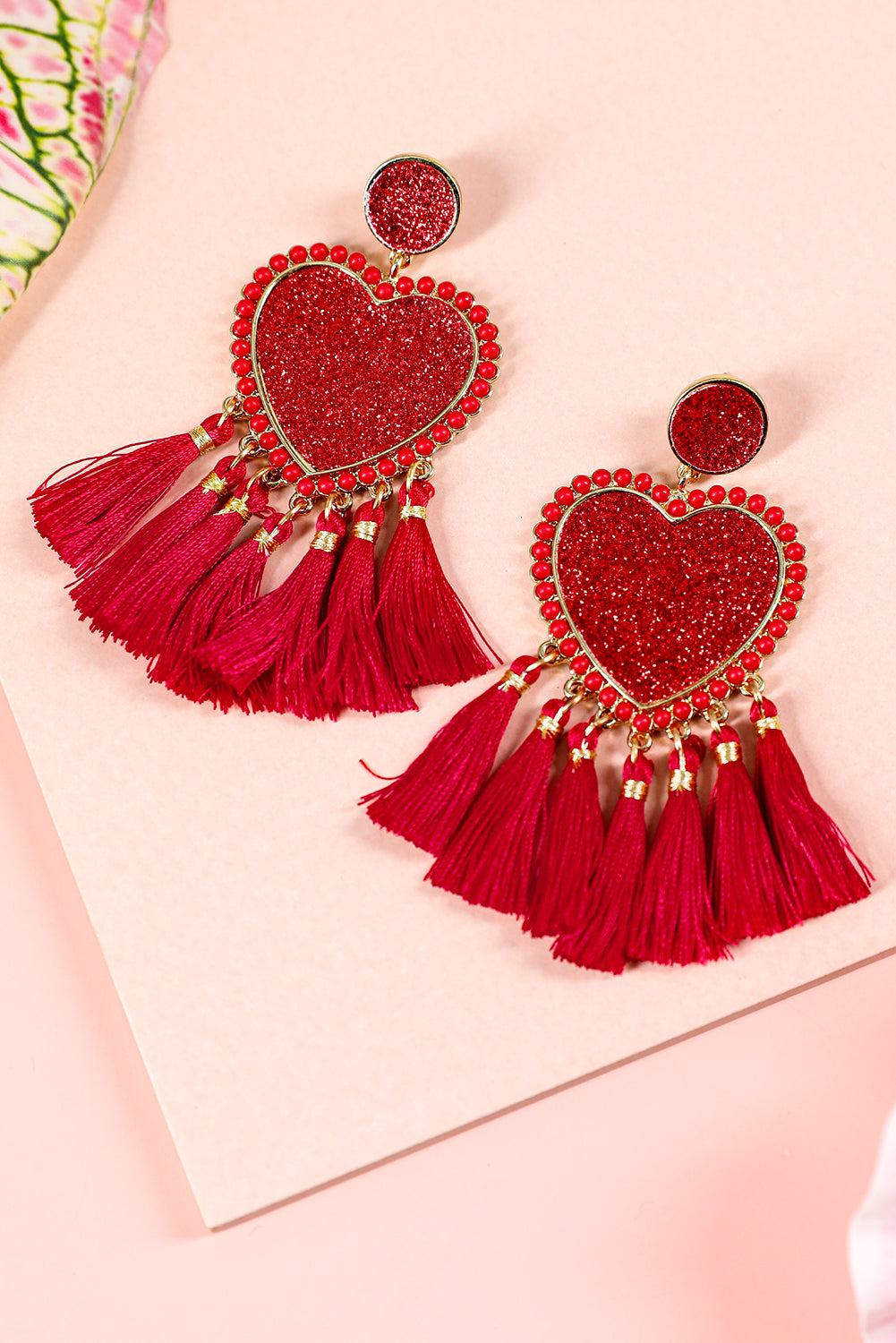 Racing Red Glitter Heart Tassel Valentines Earrings