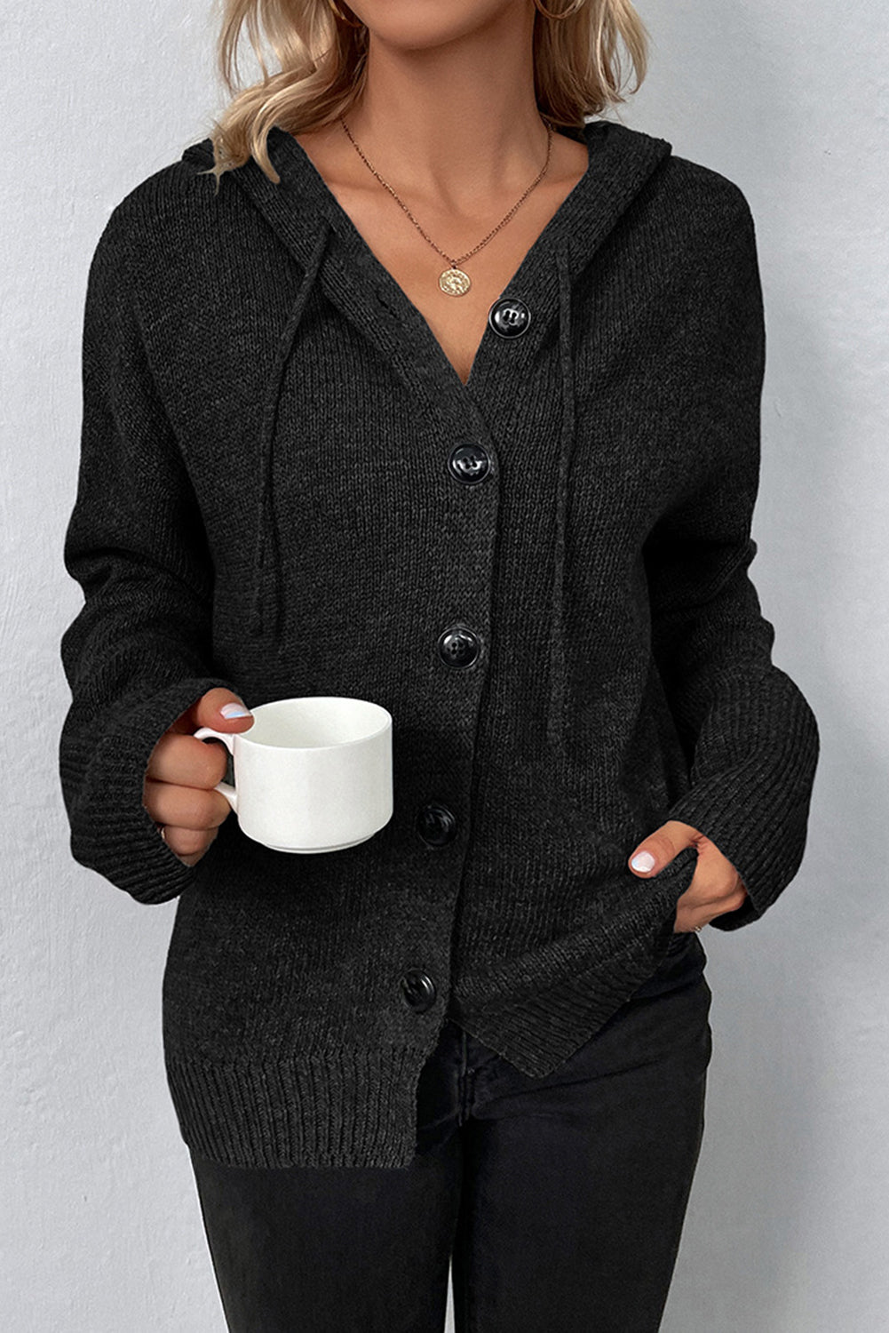 White Hooded Button Up Drop Shoulder Sweater Cardigan