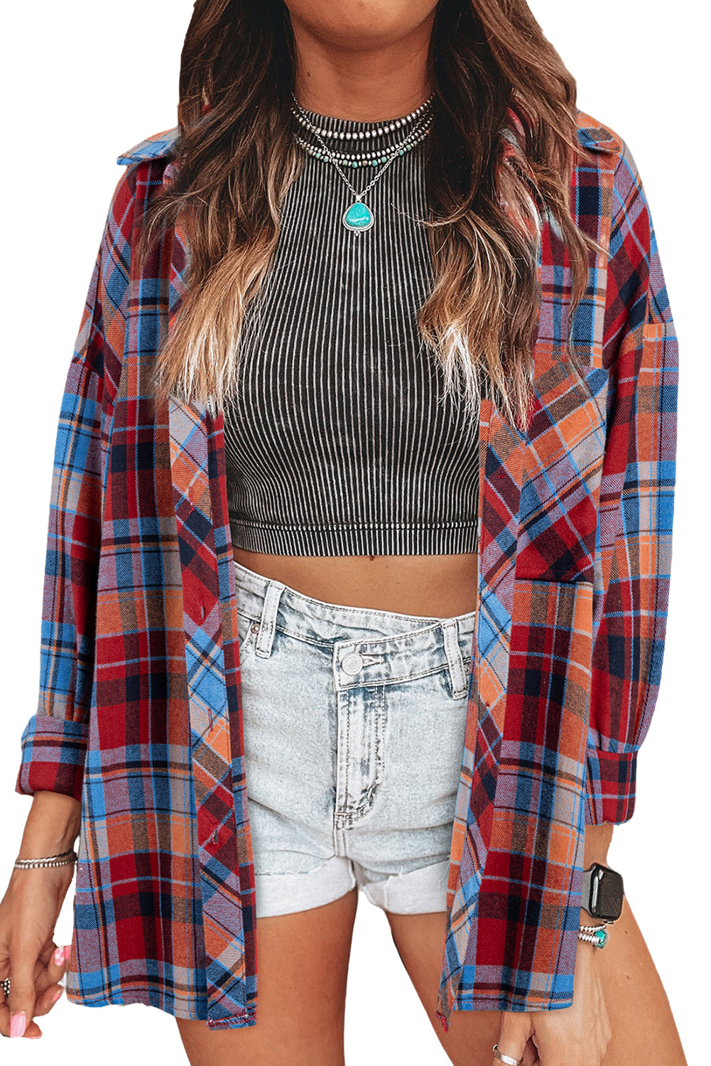 Red Plaid Print Drop Sleeve Loose Shirt