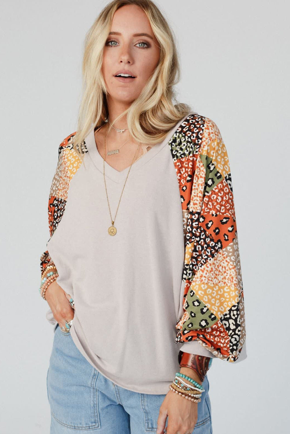 Parchment Leopard Patchwork Lantern Sleeve V Neck Loose Top