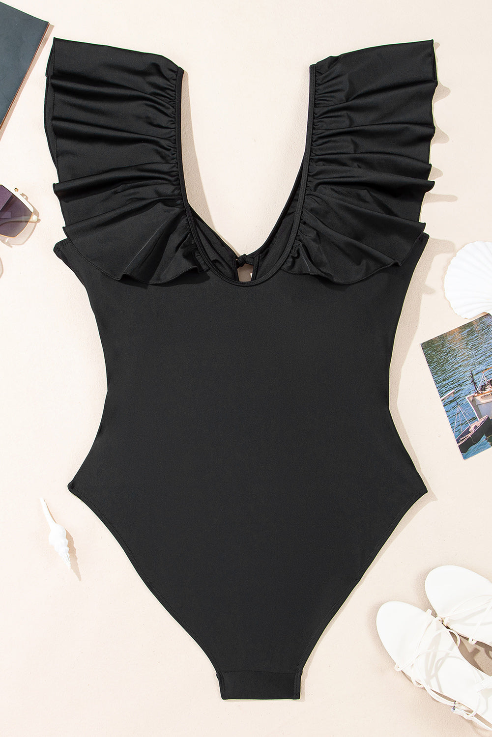 Black Ruffle Sleeve Lace-up V Neck Plus Size One Piece Swimsuit