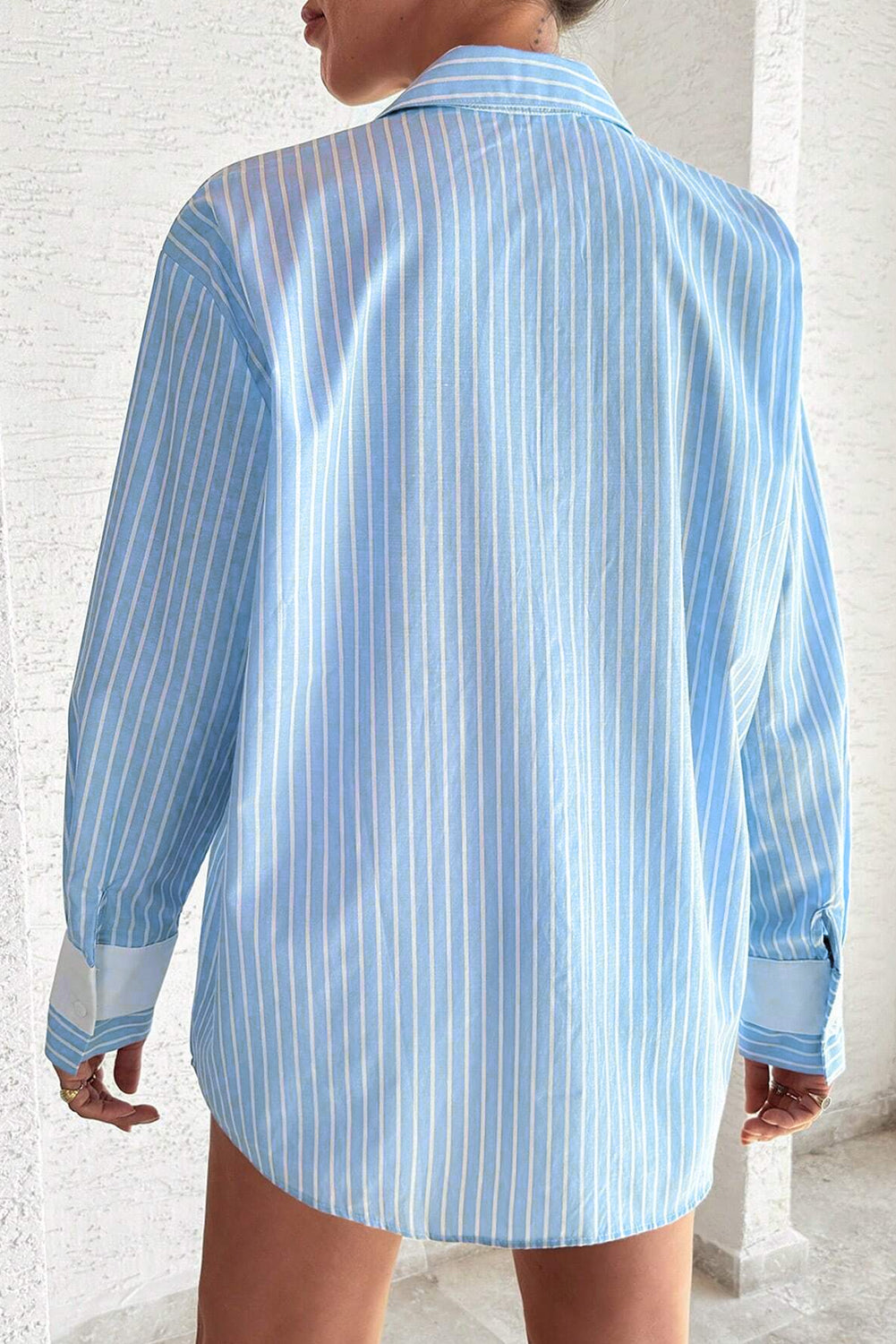 Sky Blue Stripe Contrast Patch Pocket Casual Shirt