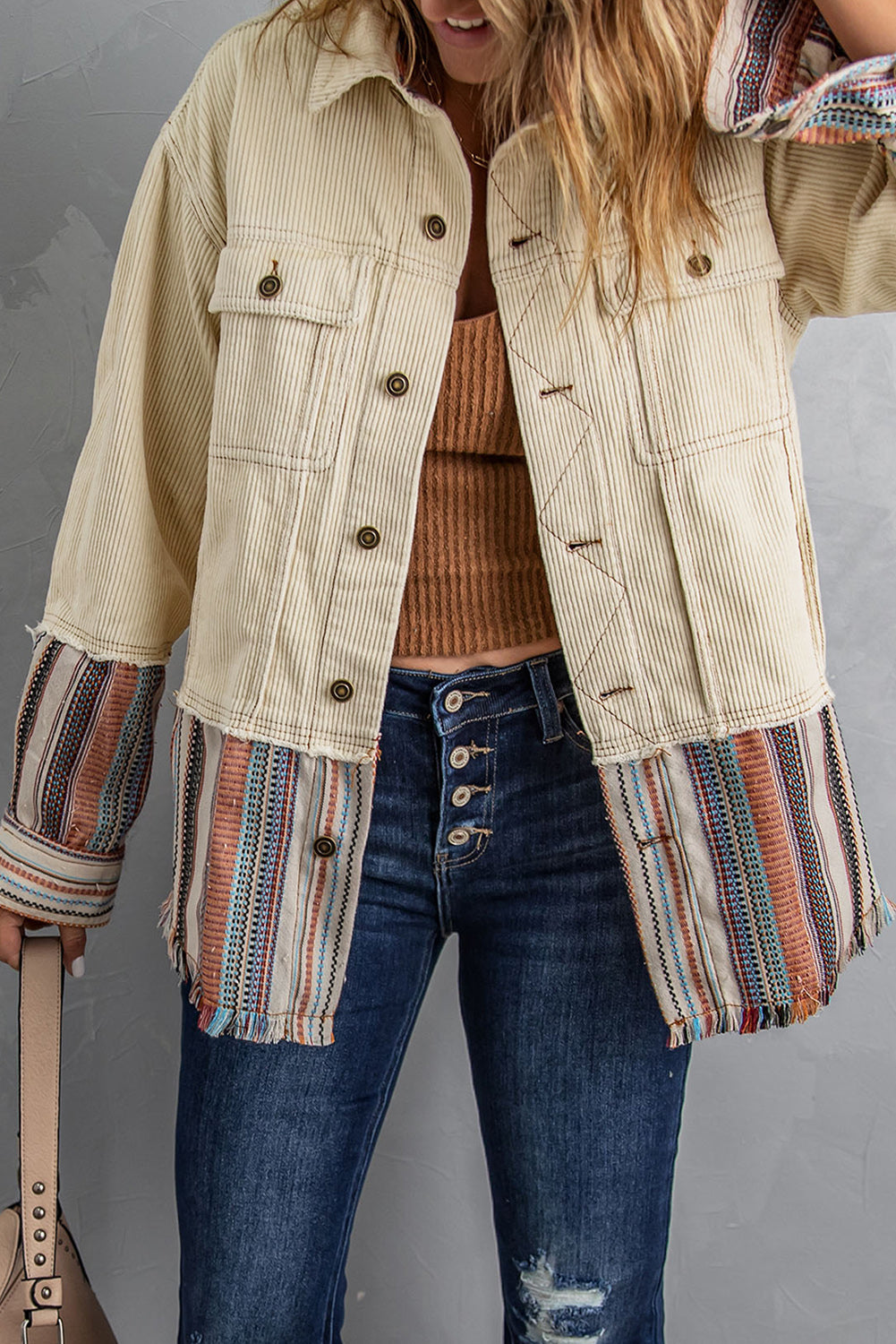 Double Take Striped Frayed Hem Corduroy Jacket