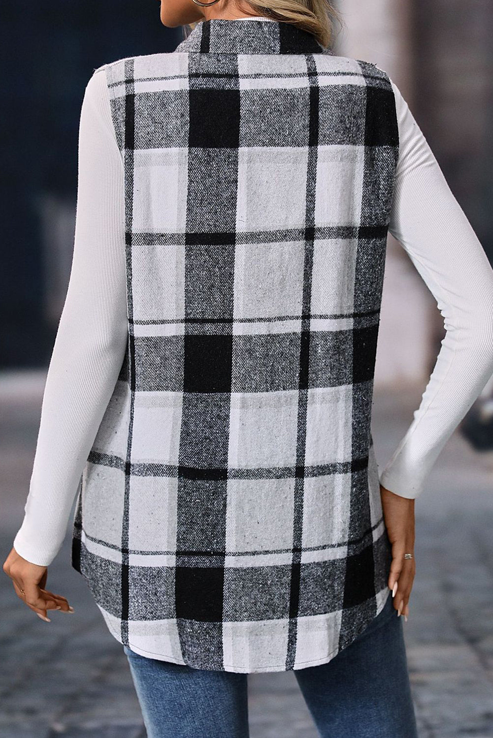 Light Grey Button Up Plaid Sleeveless Vest Jacket