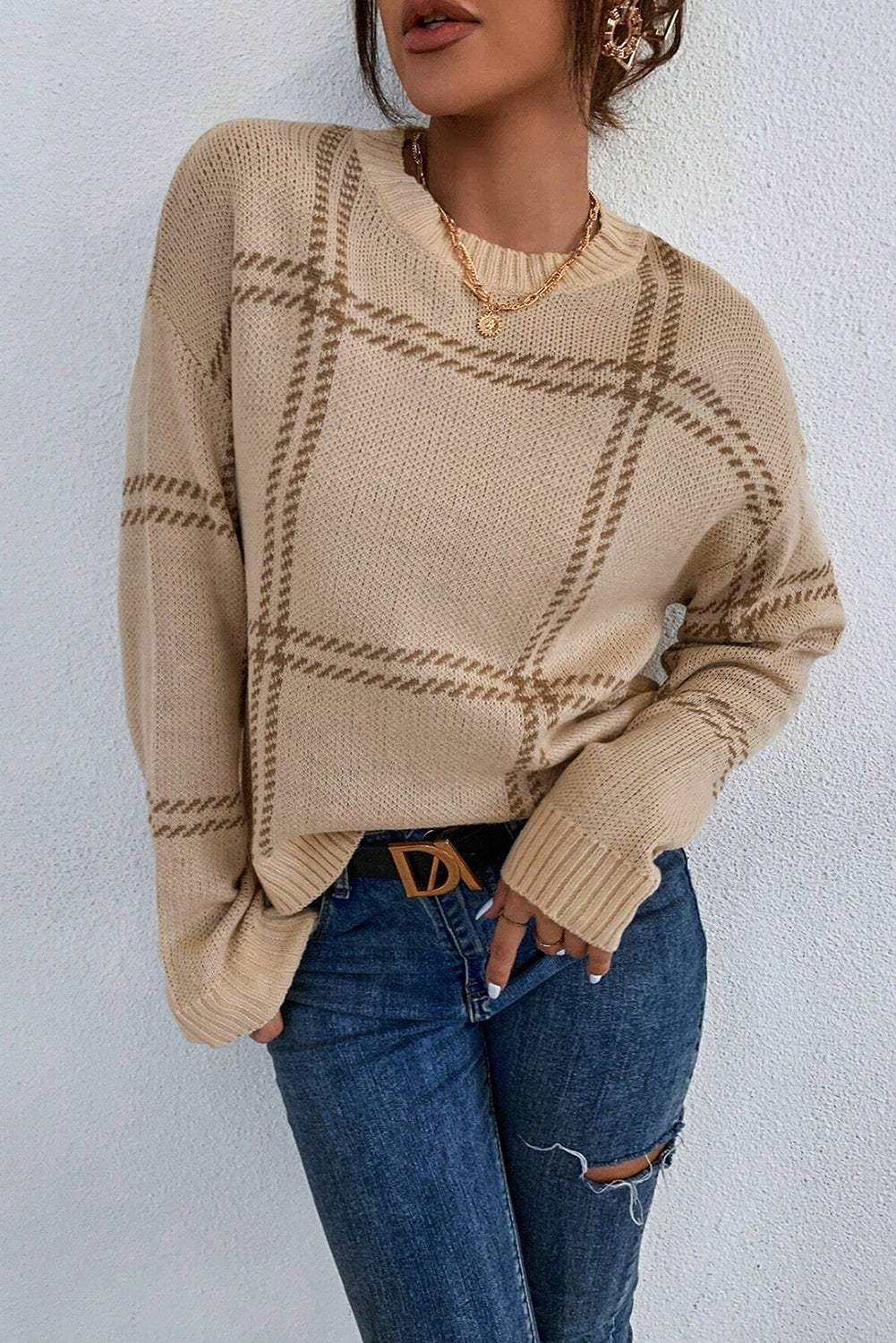 Khaki Plaid Pattern Knitted Drop Shoulder Sweater