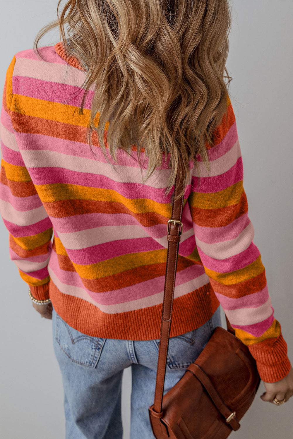 Gray Striped Ribbed Edge Round Neck Sweater