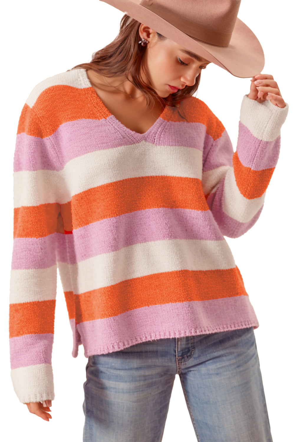 Orange Casual Stripe V Neck Side Slit Sweater