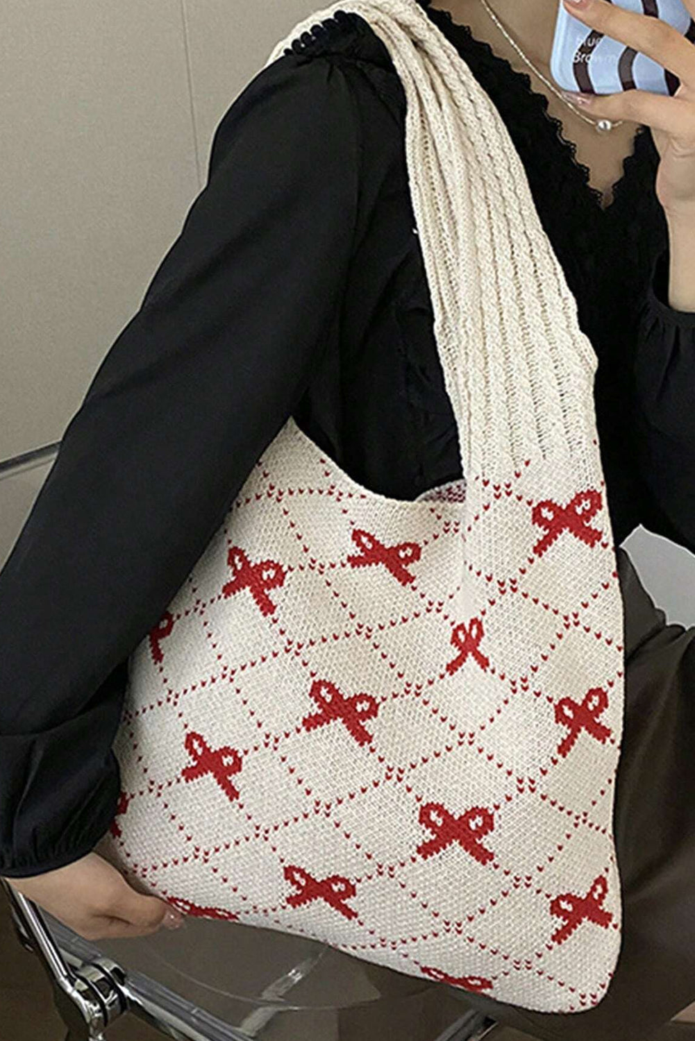 Fiery Red Bow Argyle Pattern Cable Knit Tote Bag