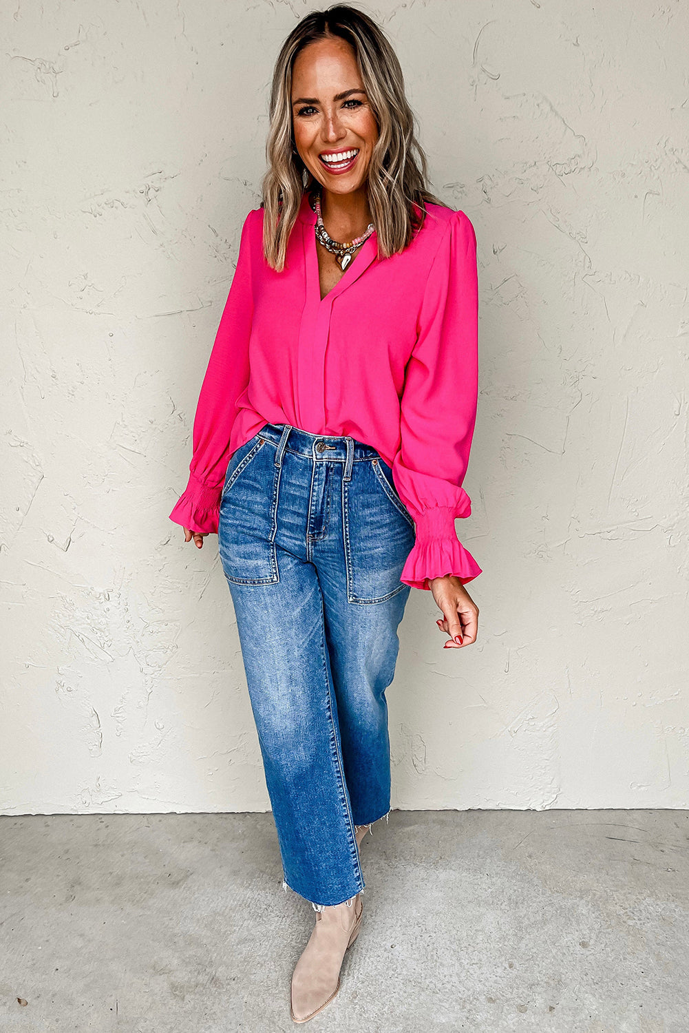 Rose Red Solid Shirred Cuff Notch V Neck Blouse